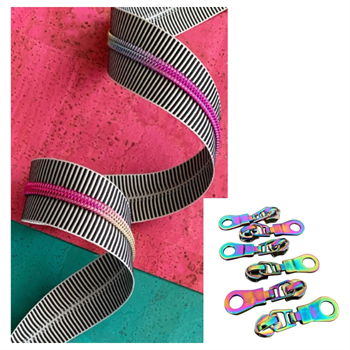 Black Stripe Zipper Tape with Rainbow teeth (3yrd / 2,7mtr)